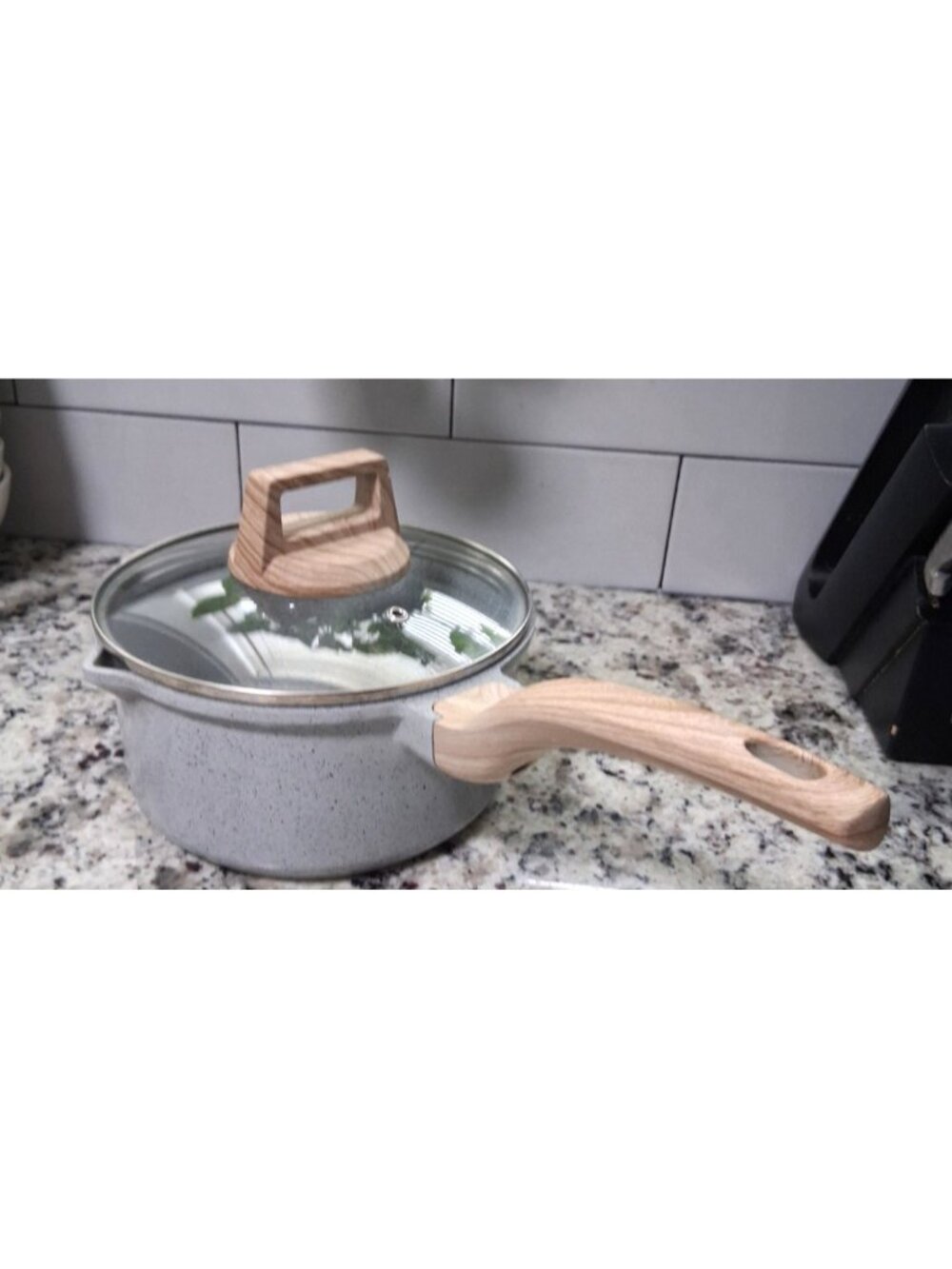 NATURAL ELEMENTS Gray Woodstone 8" SAUCEPAN with draining GLASS LID